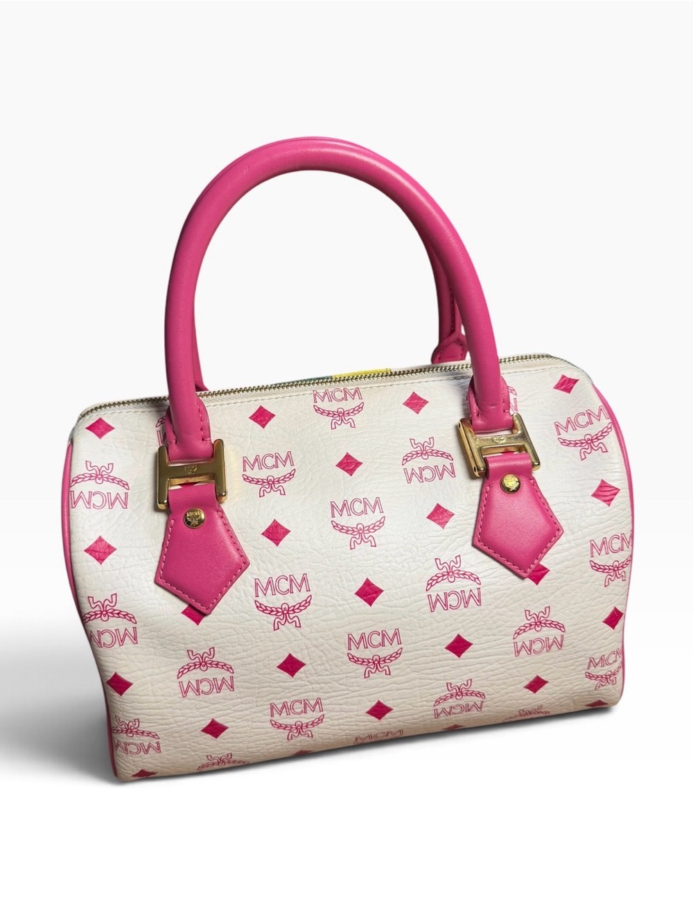 MCM White and Pink Visetos Leather Princess Lion Boston Bag - Picture 3 of 10